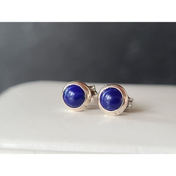 925 Sterling Silver Lapis Lazuli Stud Earrings Vintage - Picture 1 of 10